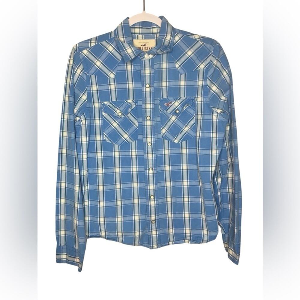 Hollister Blue Plaid Western Snap Button Long Sleeve Shirt - Size Medium M
